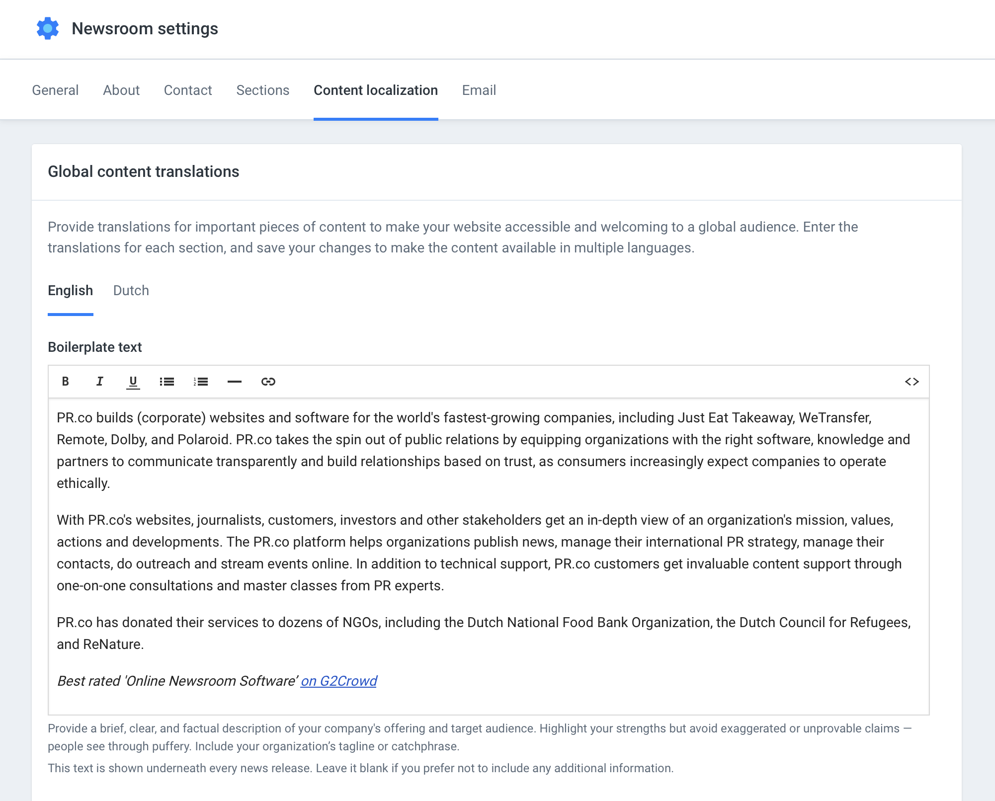 PR.co application screenshot of global content translations
